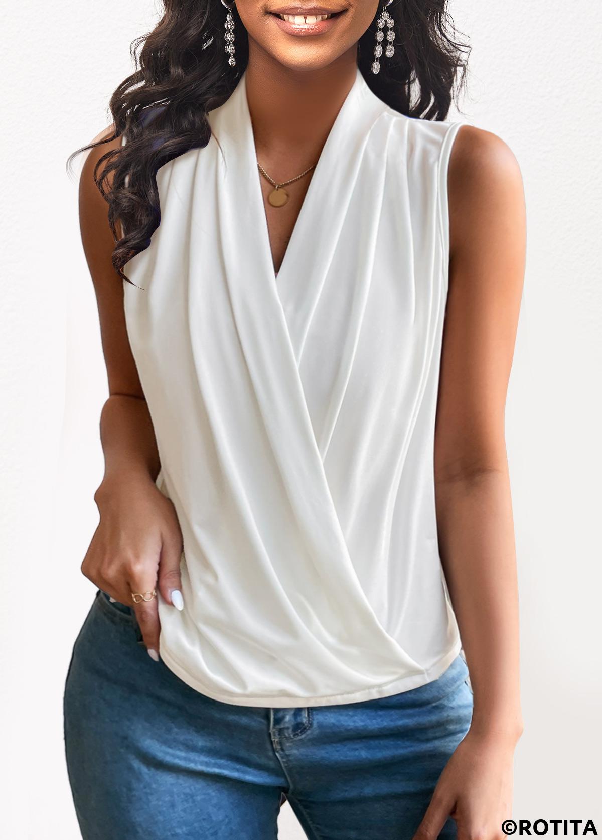 White tops,Plain Color tops,ROTITA Lightweight White V Neck Tank Top