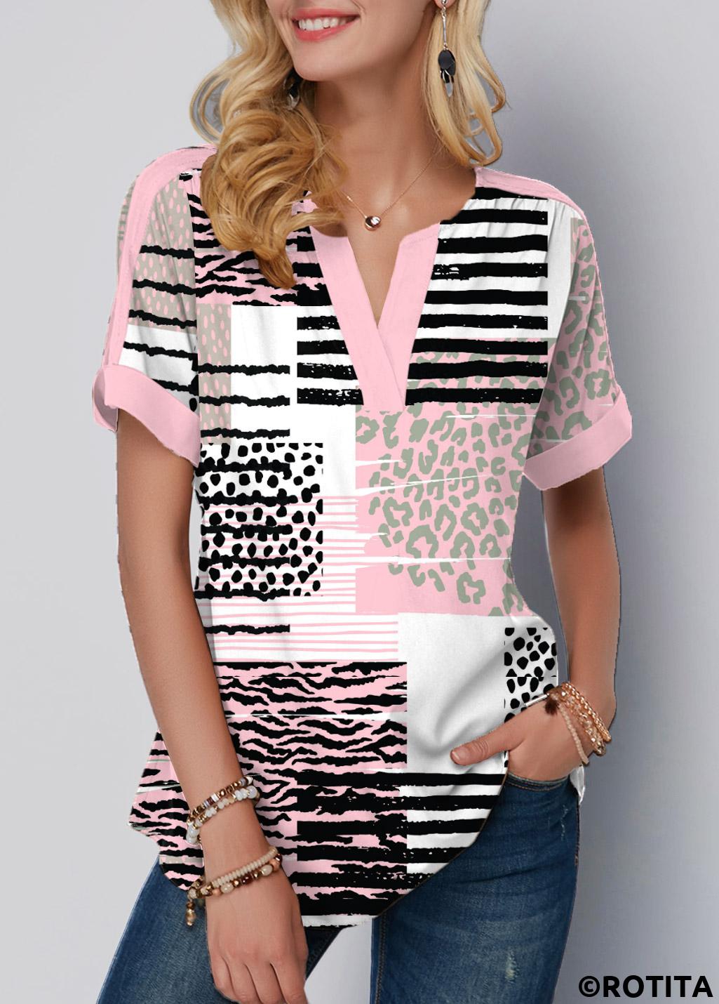 Pink tops,Geometric tops,Striped tops,Leopard tops,ROTITA Contrast Binding Geometric Print Pink Split Neck Blouse
