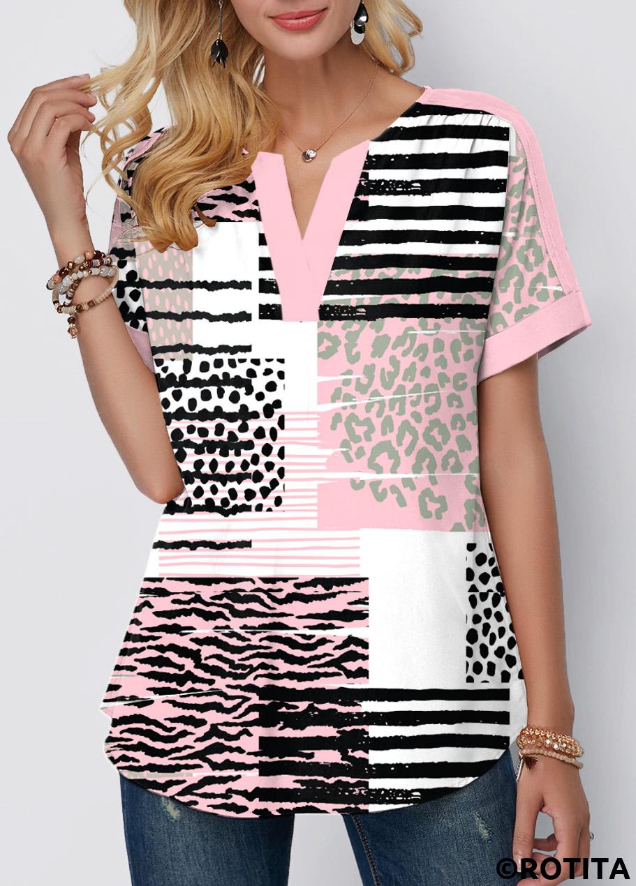 Pink tops,Geometric tops,Striped tops,Leopard tops,ROTITA Contrast Binding Geometric Print Pink Split Neck Blouse