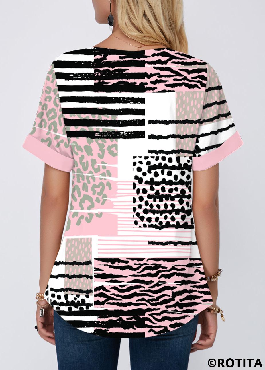 Pink tops,Geometric tops,Striped tops,Leopard tops,ROTITA Contrast Binding Geometric Print Pink Split Neck Blouse