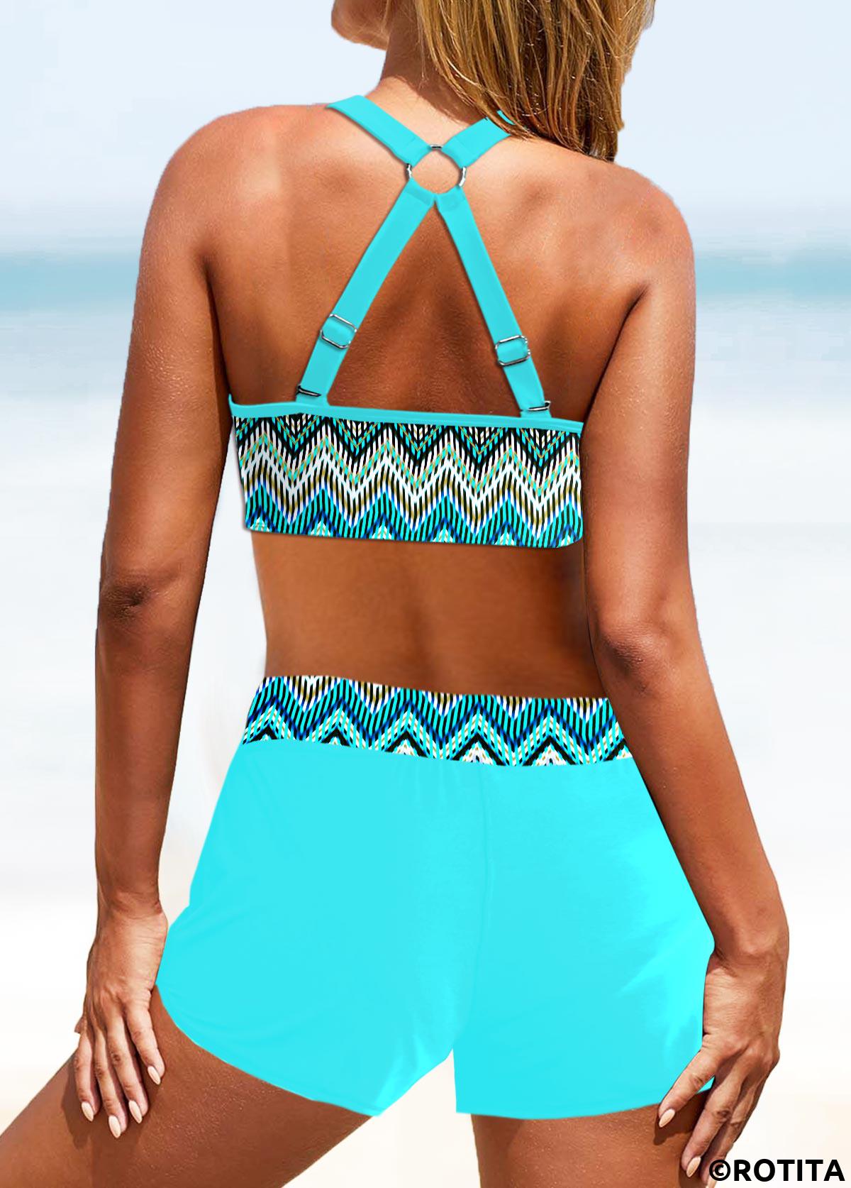 Cyan swimwear,Geometric swimwear,Striped swimwear,ROTITA Metal Ring Cyan Geometric Print Bikini Top