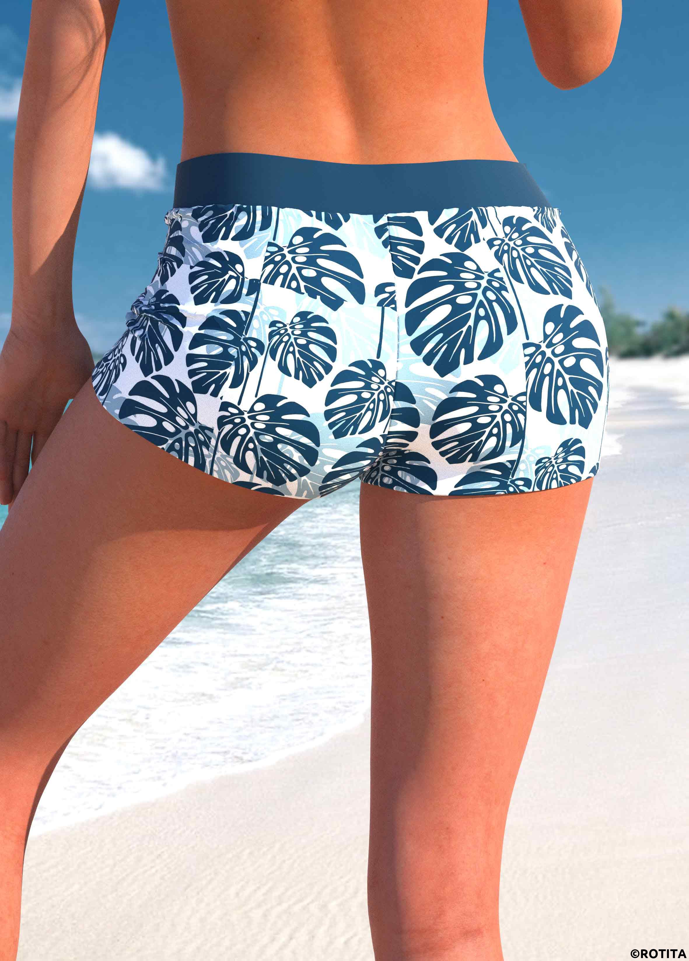 Peacock Blue swimwear,White swimwear,Plants swimwear,ROTITA Peacock Blue Tropical Plants Print Swim Shorts