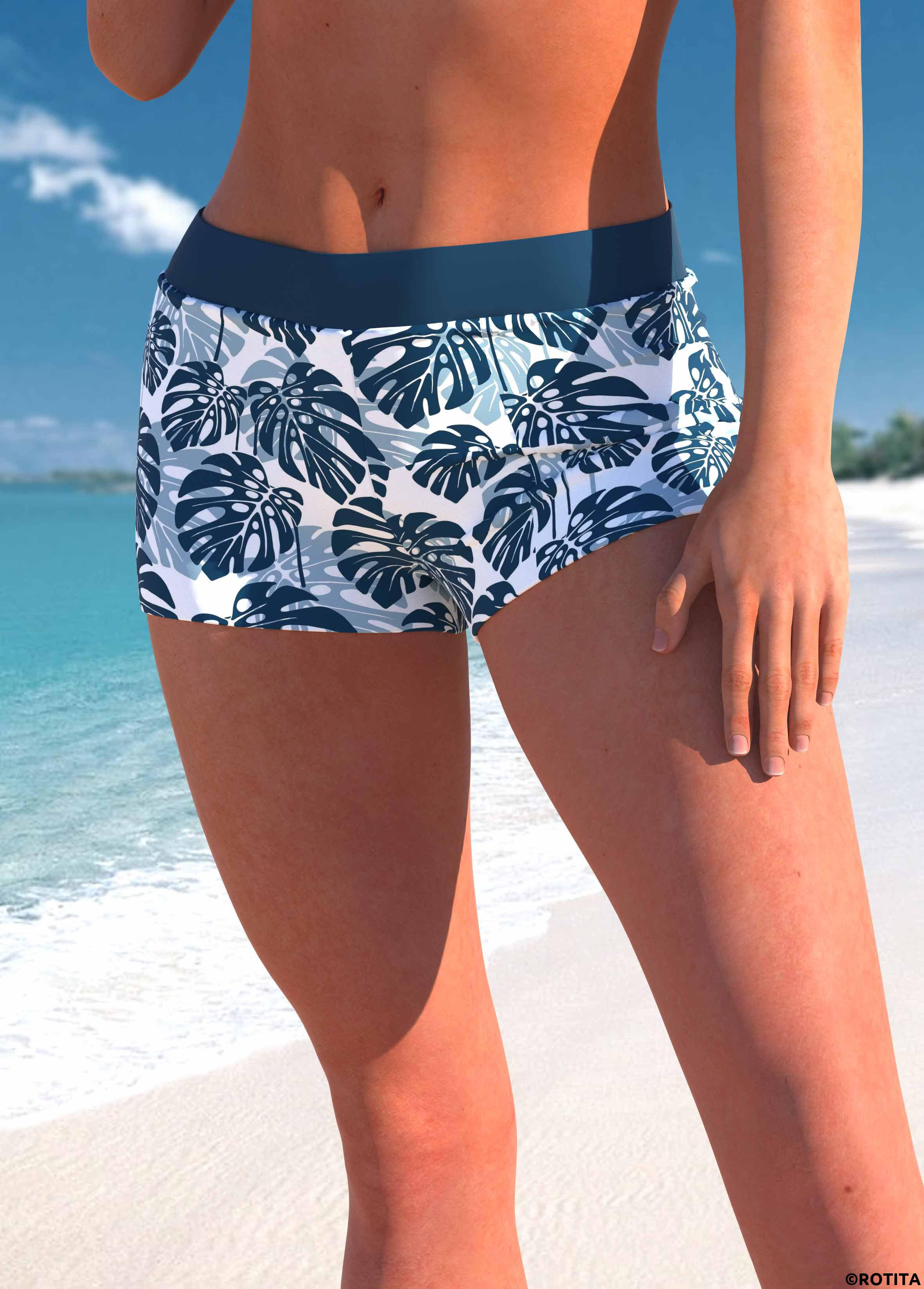 Peacock Blue swimwear,White swimwear,Plants swimwear,ROTITA Peacock Blue Tropical Plants Print Swim Shorts