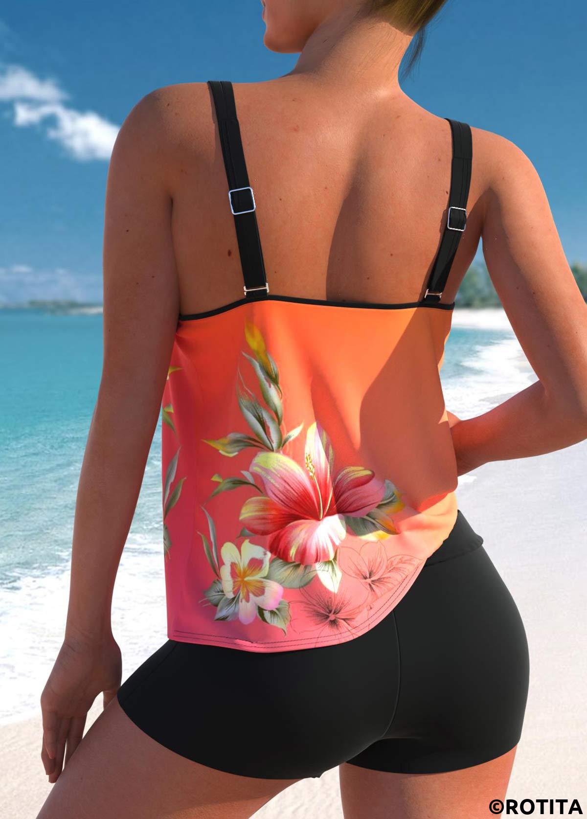 Multi Color swimwear,Floral swimwear,Ombre swimwear,ROTITA Multi Color Floral Print Tankini Top