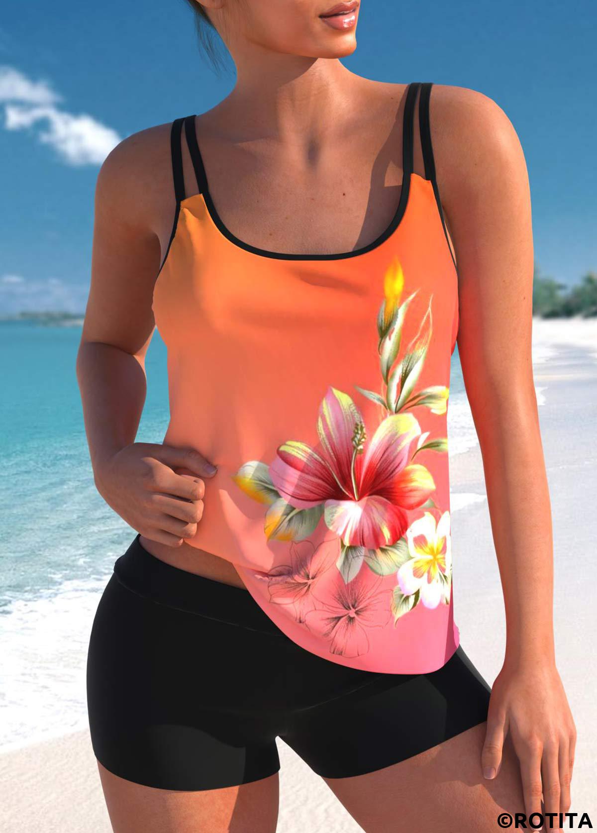 Multi Color swimwear,Floral swimwear,Ombre swimwear,ROTITA Multi Color Floral Print Tankini Top