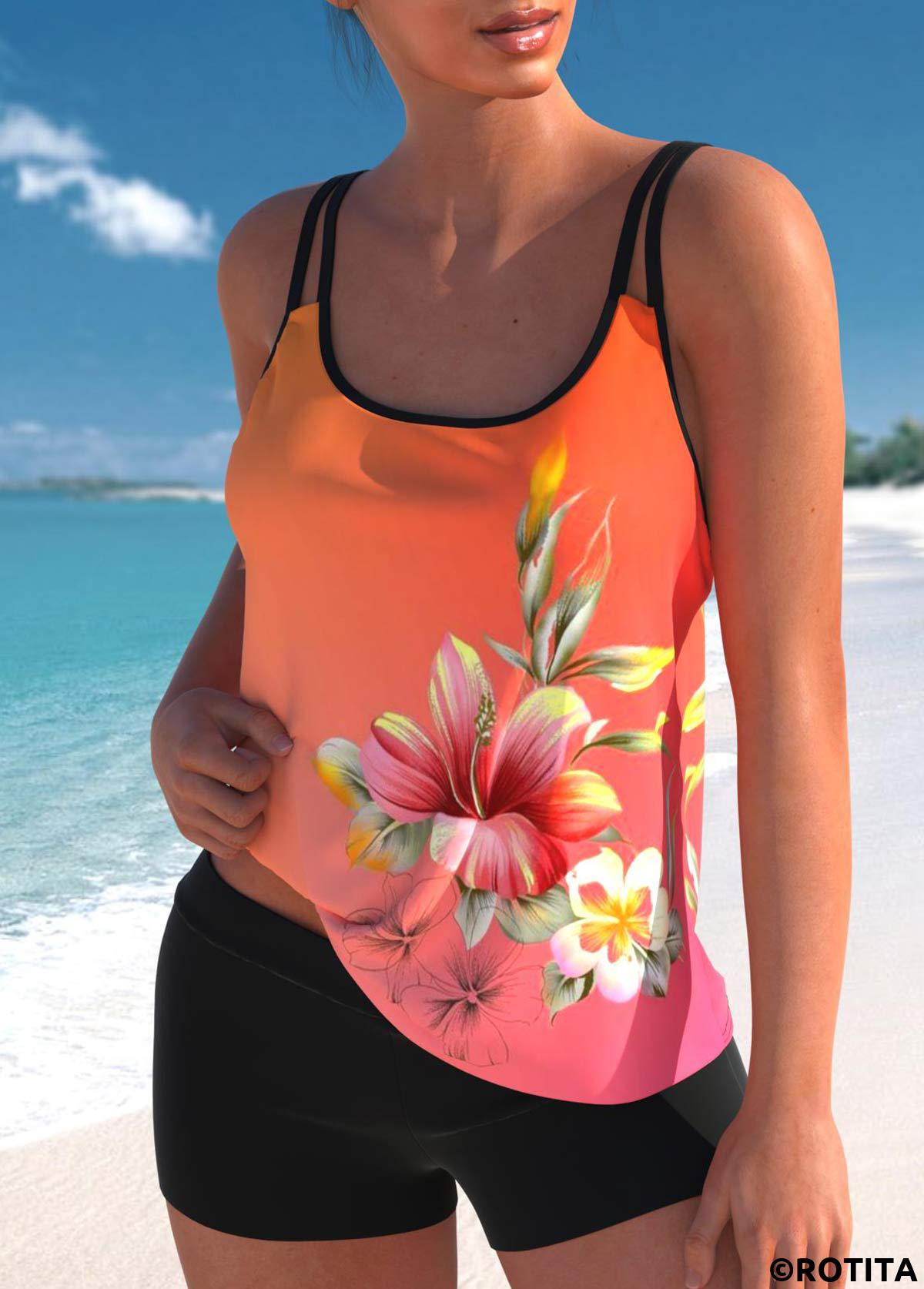 Multi Color swimwear,Floral swimwear,Ombre swimwear,ROTITA Multi Color Floral Print Tankini Top