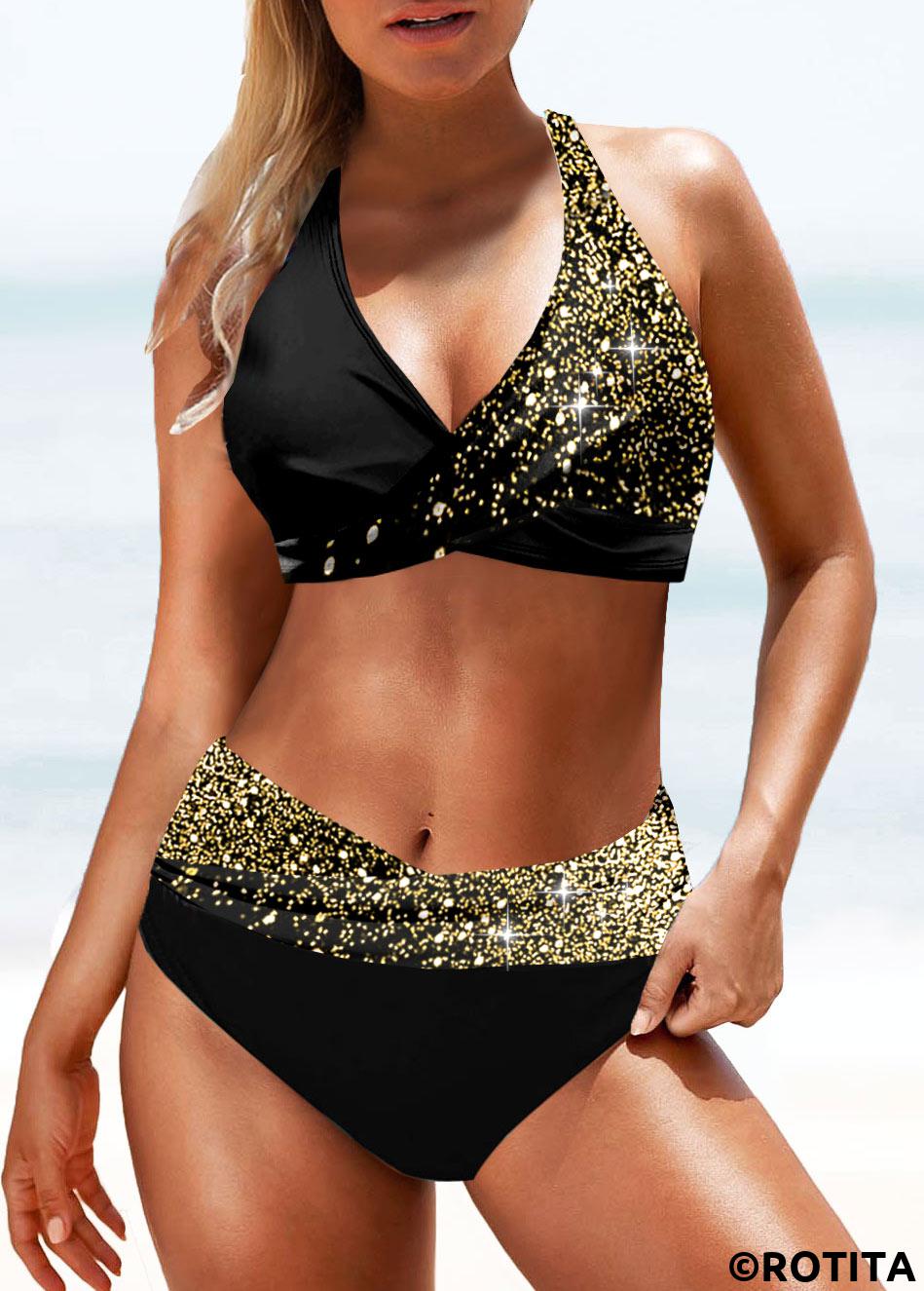 Gold swimwear,Black swimwear,Other swimwear,ROTITA Criss Cross Shinning Gold Bikini Top