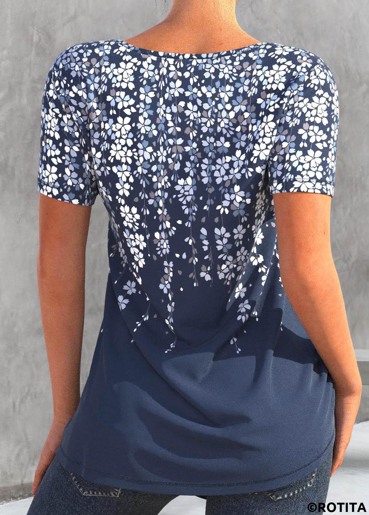 Denim Blue tops,Floral tops,ROTITA Asymmetry Floral Print Denim Blue T Shirt