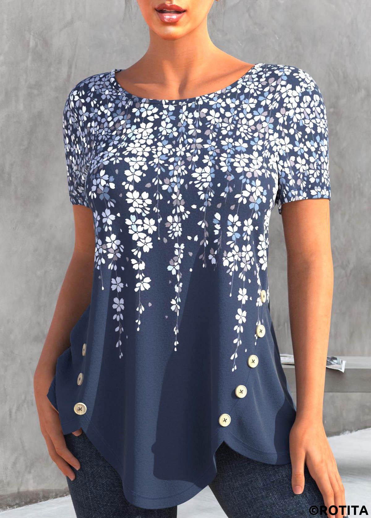 Denim Blue tops,Floral tops,ROTITA Asymmetry Floral Print Denim Blue T Shirt