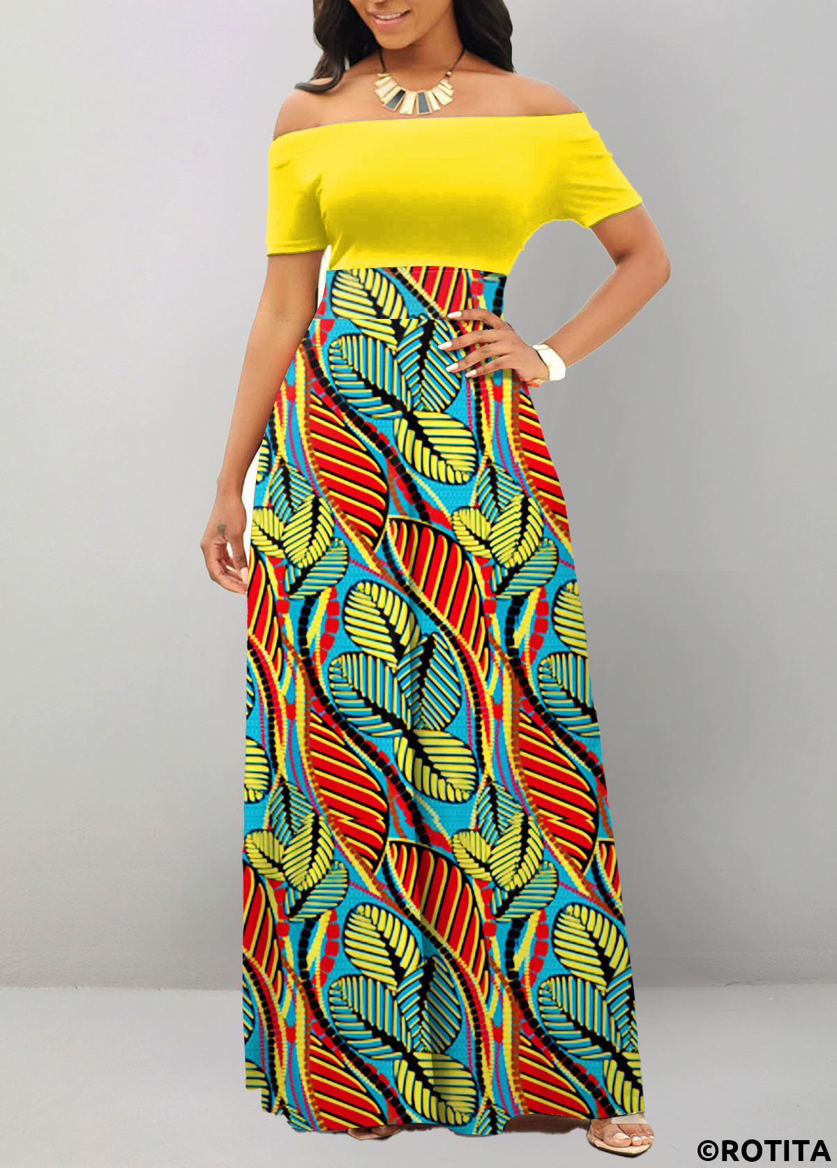 Multi Color dresses,Plants dresses,Geometric dresses,Striped dresses,Vacation dresses,Vacation dresses,ROTITA Leaf Print Multi Color Off Shoulder Maxi Dress