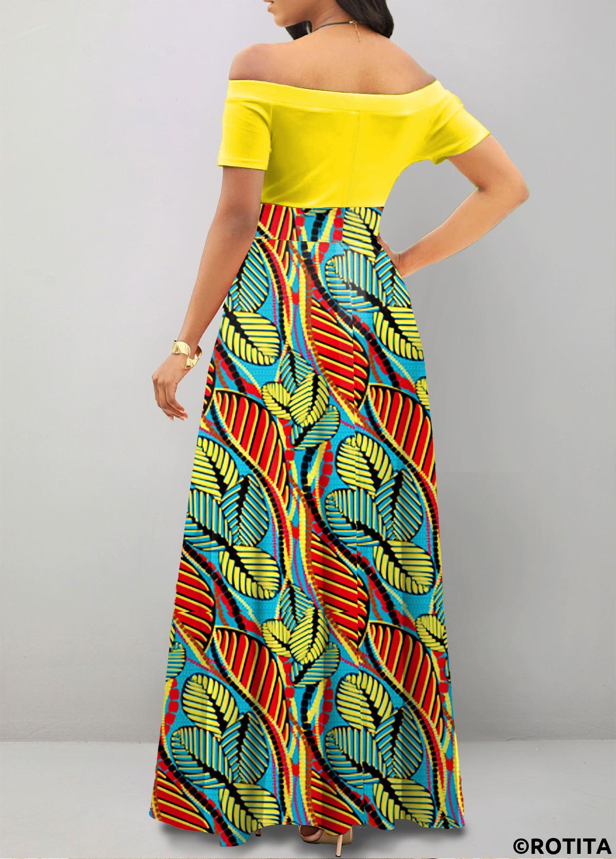 Multi Color dresses,Plants dresses,Geometric dresses,Striped dresses,Vacation dresses,Vacation dresses,ROTITA Leaf Print Multi Color Off Shoulder Maxi Dress