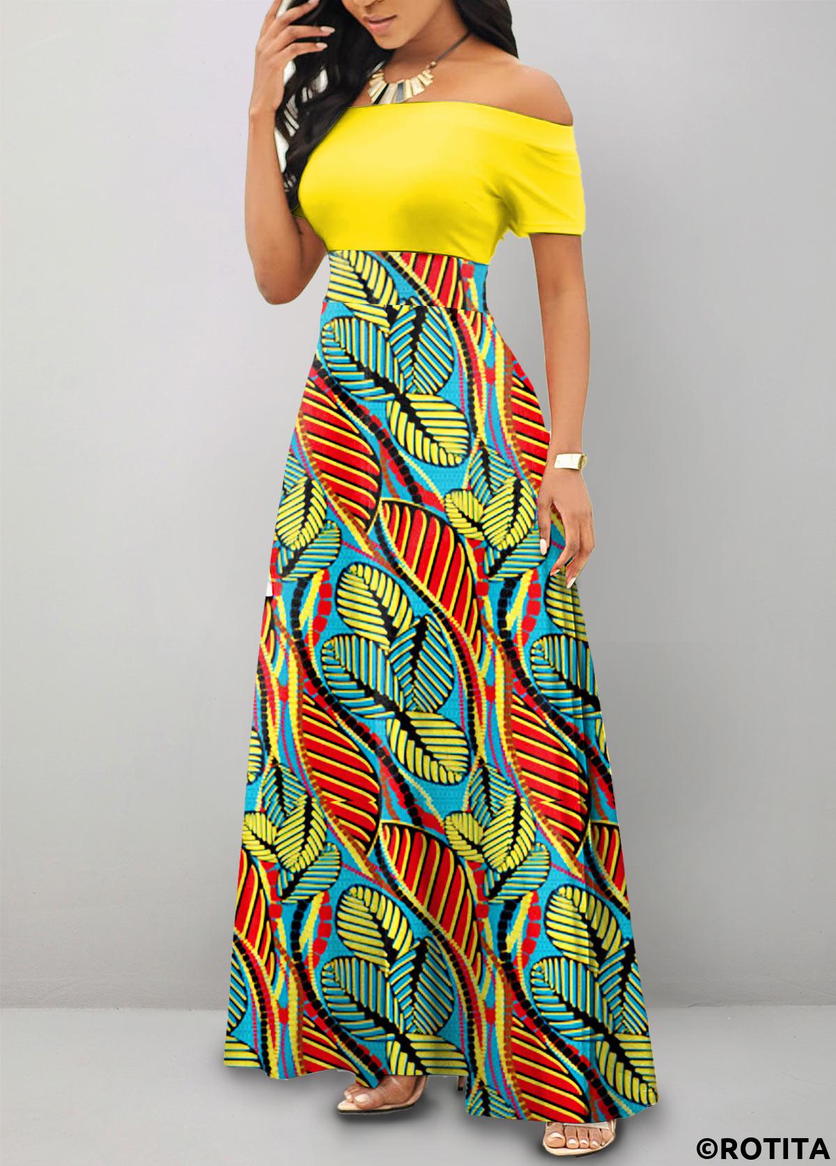 Multi Color dresses,Plants dresses,Geometric dresses,Striped dresses,Vacation dresses,Vacation dresses,ROTITA Leaf Print Multi Color Off Shoulder Maxi Dress