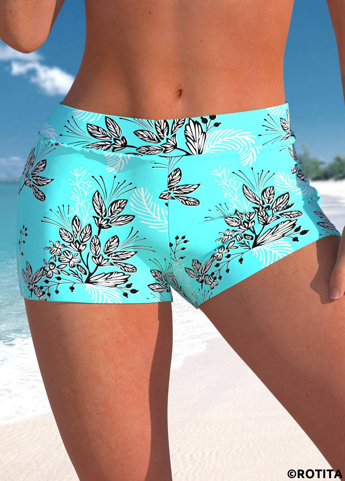 Cyan plus size,Plants plus size,ROTITA Plus Size Mid Waisted Leaf Print Swim Shorts