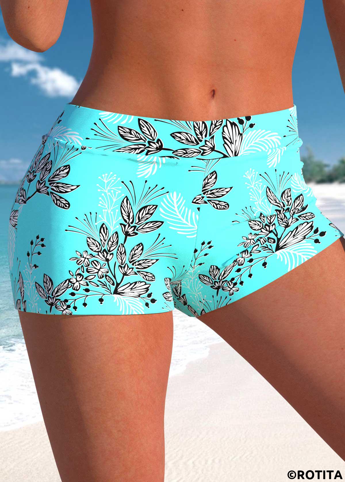 Cyan plus size,Plants plus size,ROTITA Plus Size Mid Waisted Leaf Print Swim Shorts
