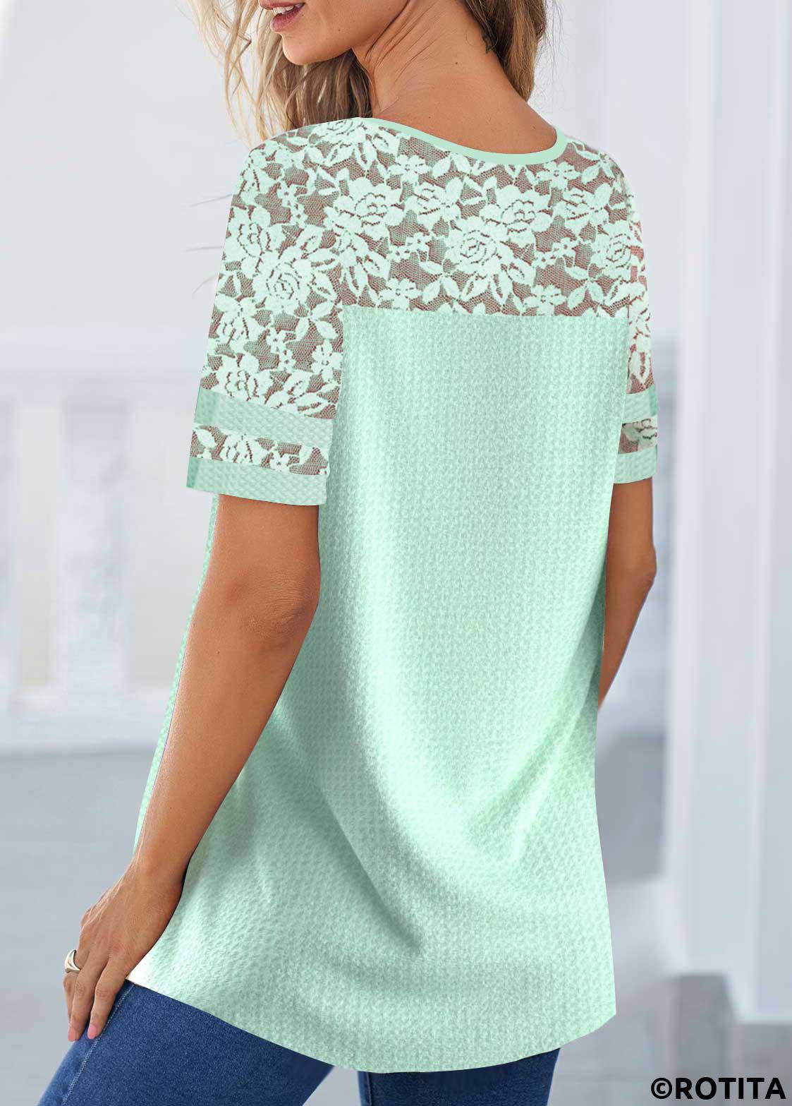 Mint Green tops,Plain Color tops,ROTITA Lace Mint Green Round Neck T Shirt