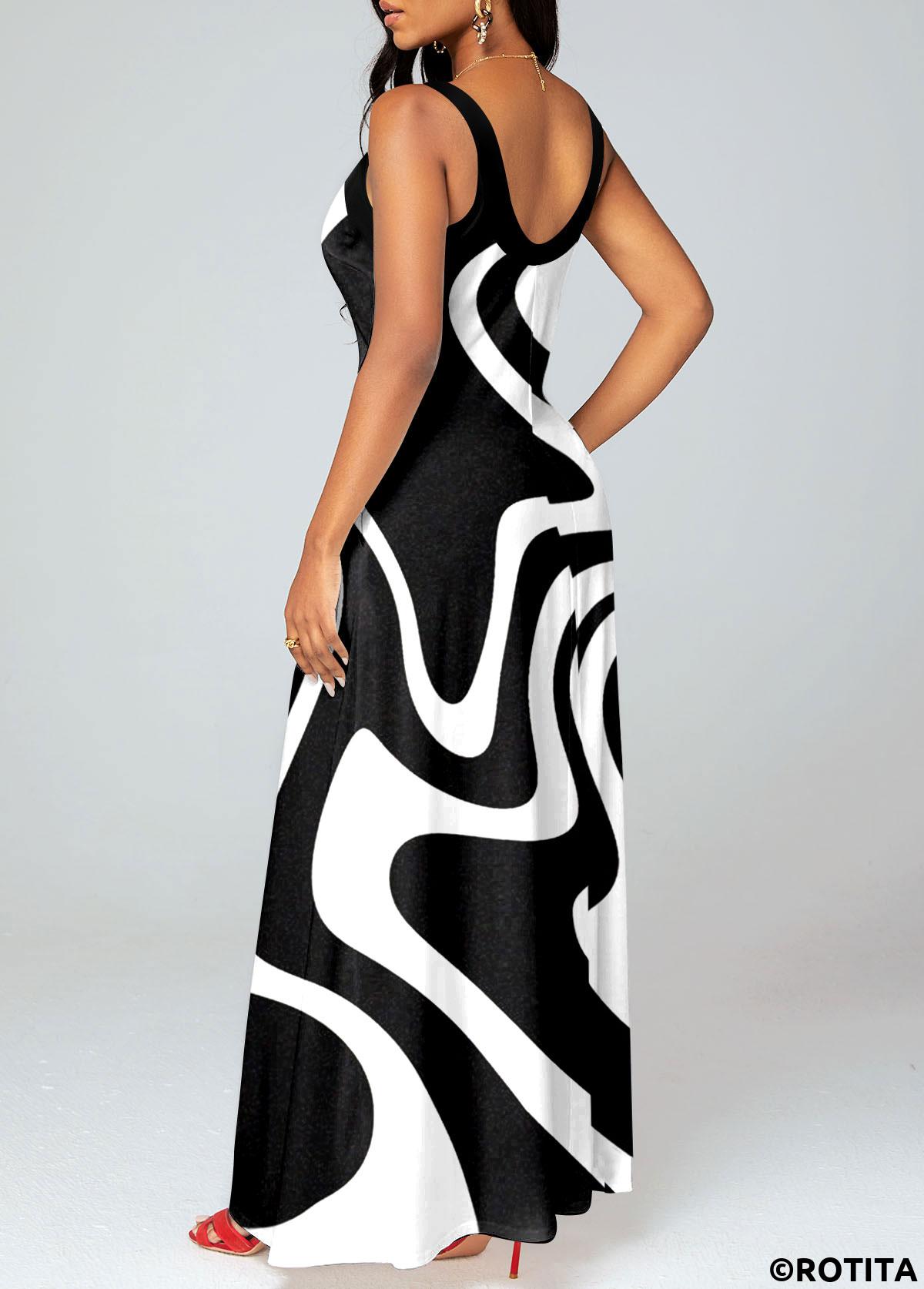 Black dresses,White dresses,Geometric dresses,Vacation dresses,Vacation dresses,ROTITA Criss Cross Geometric Print Black Maxi Dress