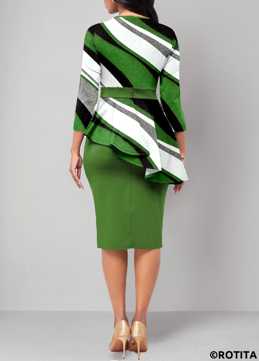 Green dresses,Geometric dresses,Party dresses,Elegant dresses,ROTITA Fake 2in1 Geometric Print Green Round Neck Dress