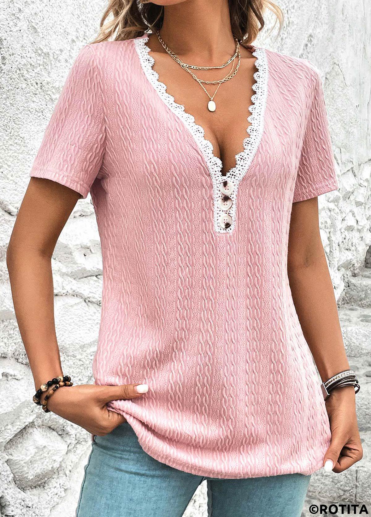 Pink plus size,Plain Color plus size,ROTITA Plus Size V Neck Short Sleeve T Shirt