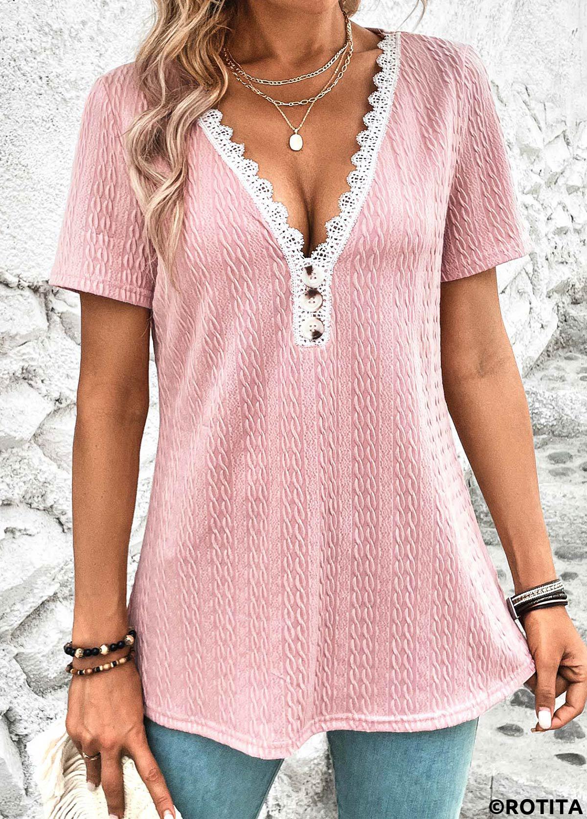 Pink plus size,Plain Color plus size,ROTITA Plus Size V Neck Short Sleeve T Shirt