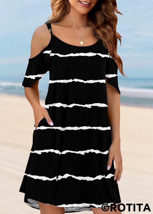 Black swimwear,Striped swimwear,Geometric swimwear,ROTITA Pocket Cold Shoulder Black Striped Cover Up