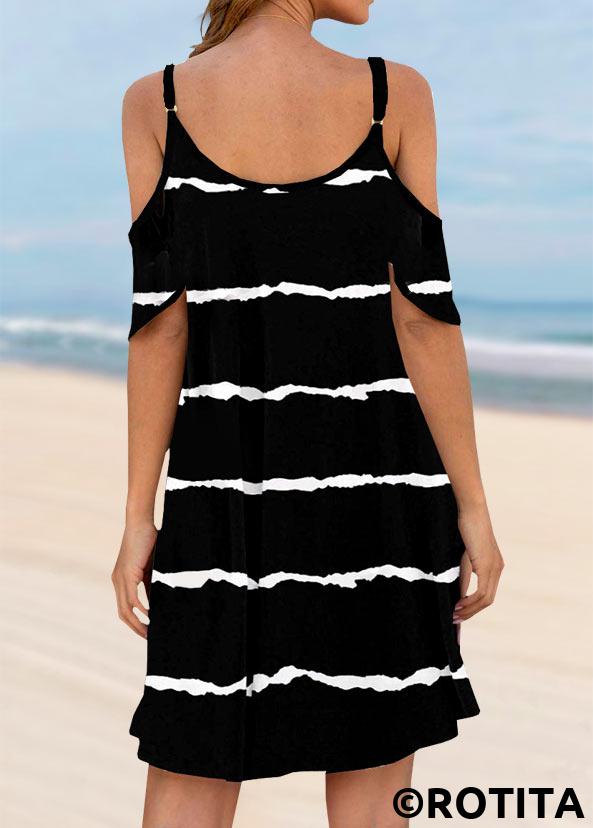 Black swimwear,Striped swimwear,Geometric swimwear,ROTITA Pocket Cold Shoulder Black Striped Cover Up