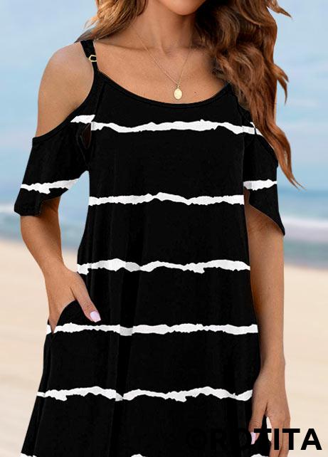 Black swimwear,Striped swimwear,Geometric swimwear,ROTITA Pocket Cold Shoulder Black Striped Cover Up