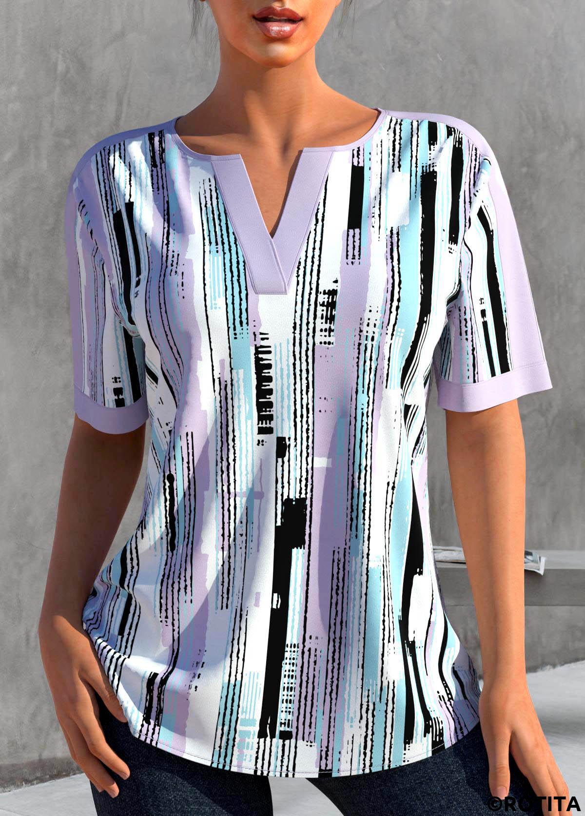 Light Purple tops,Geometric tops,ROTITA Split Geometric Print Light Purple Short Sleeve Blouse