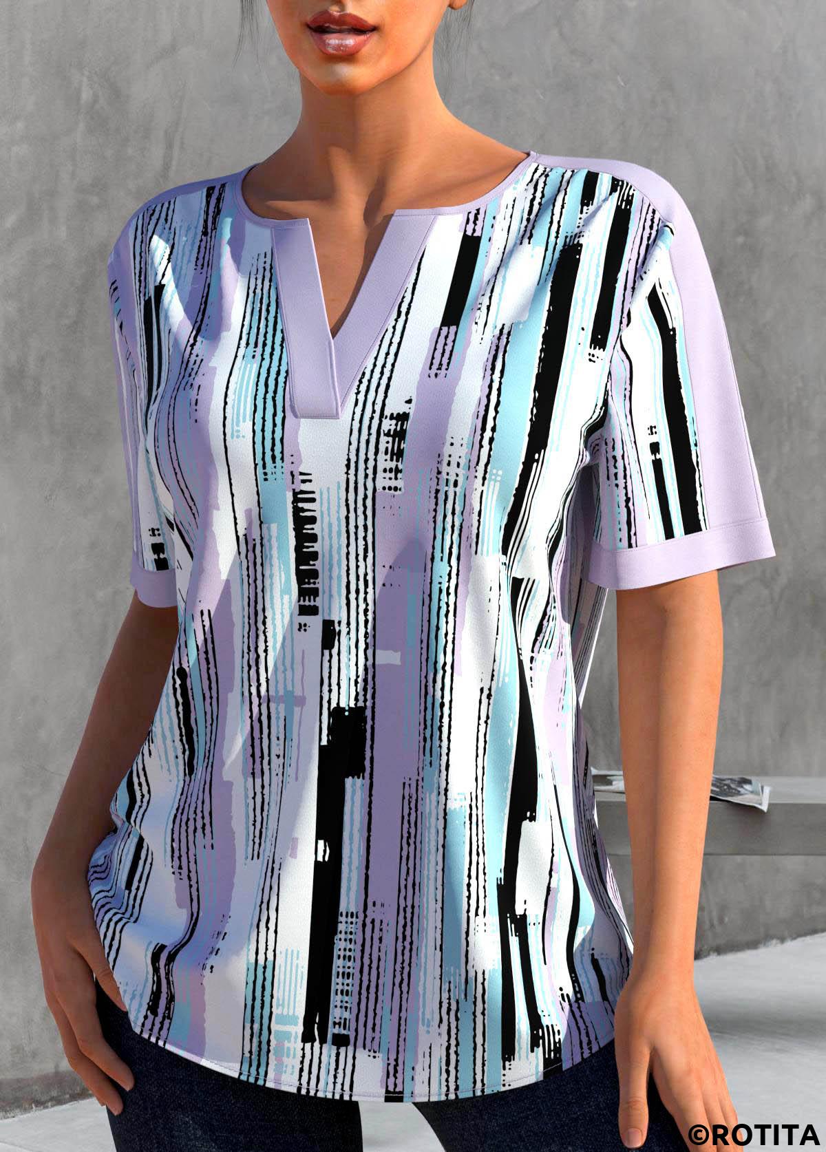 Light Purple tops,Geometric tops,ROTITA Split Geometric Print Light Purple Short Sleeve Blouse