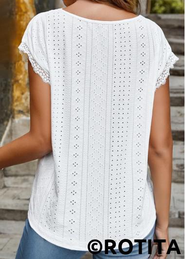 White tops,Plain Color tops,ROTITA Lace White V Neck Short Sleeve T Shirt