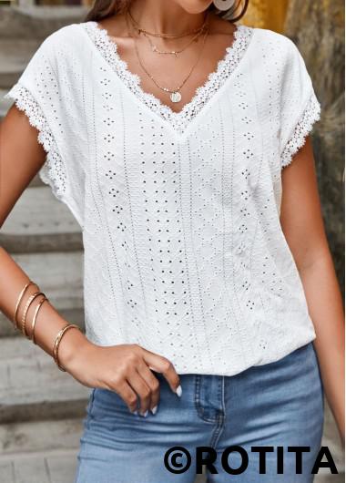 White tops,Plain Color tops,ROTITA Lace White V Neck Short Sleeve T Shirt