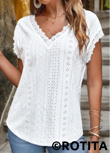 White tops,Plain Color tops,ROTITA Lace White V Neck Short Sleeve T Shirt