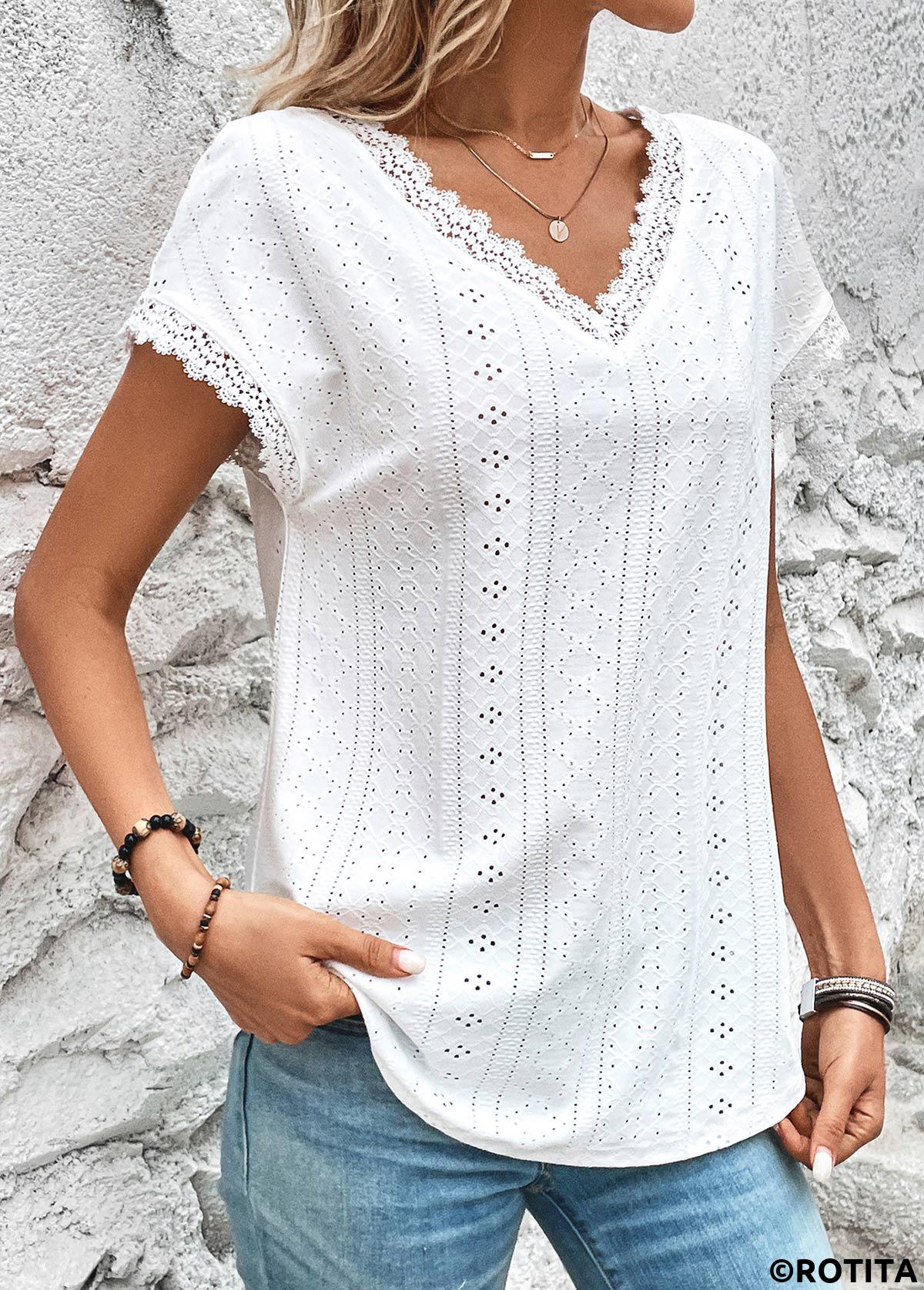 White tops,Plain Color tops,ROTITA Lace White V Neck Short Sleeve T Shirt
