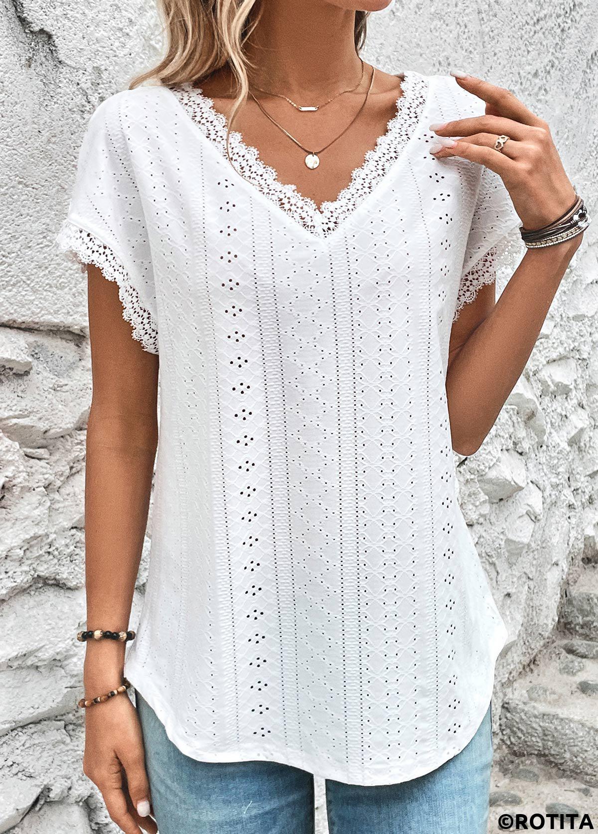 White tops,Plain Color tops,ROTITA Lace White V Neck Short Sleeve T Shirt