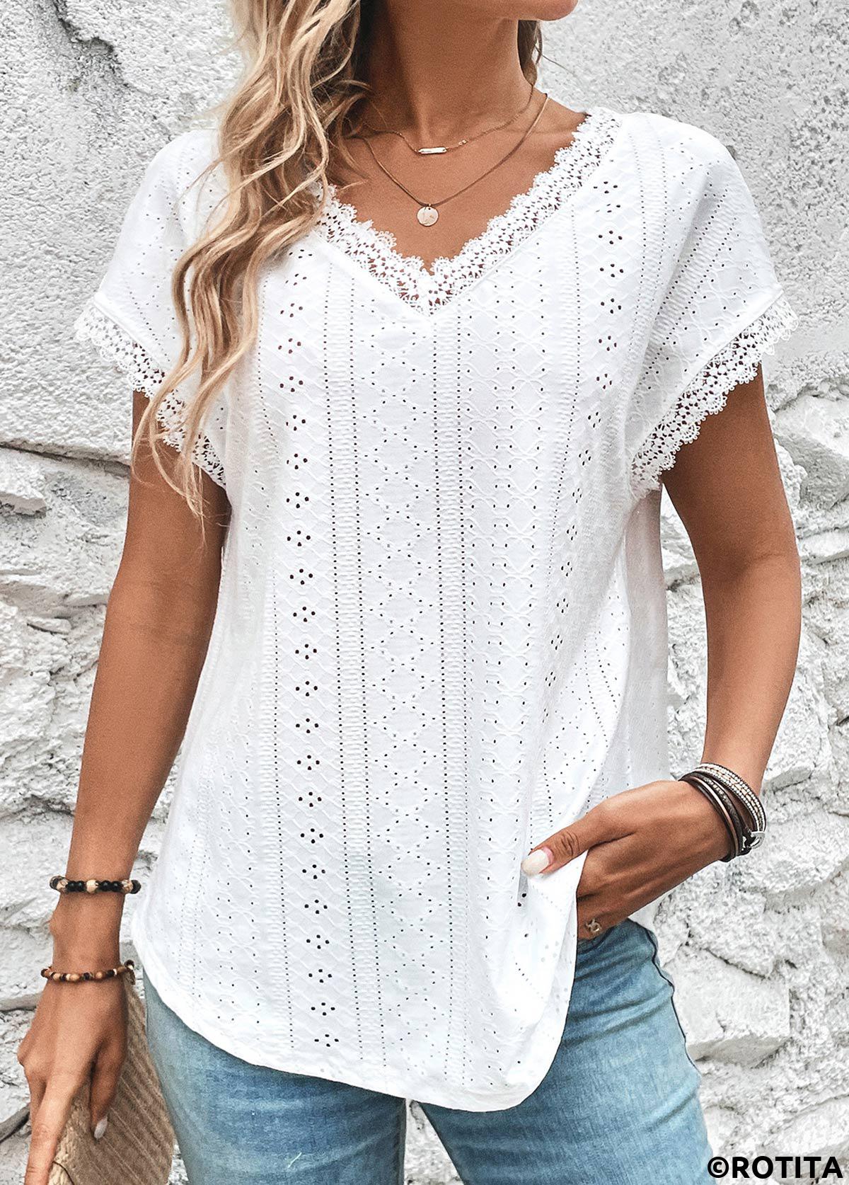 White tops,Plain Color tops,ROTITA Lace White V Neck Short Sleeve T Shirt