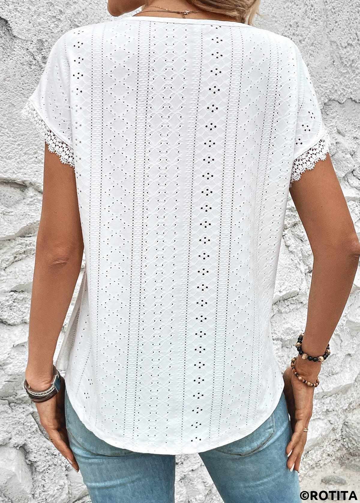 White tops,Plain Color tops,ROTITA Lace White V Neck Short Sleeve T Shirt
