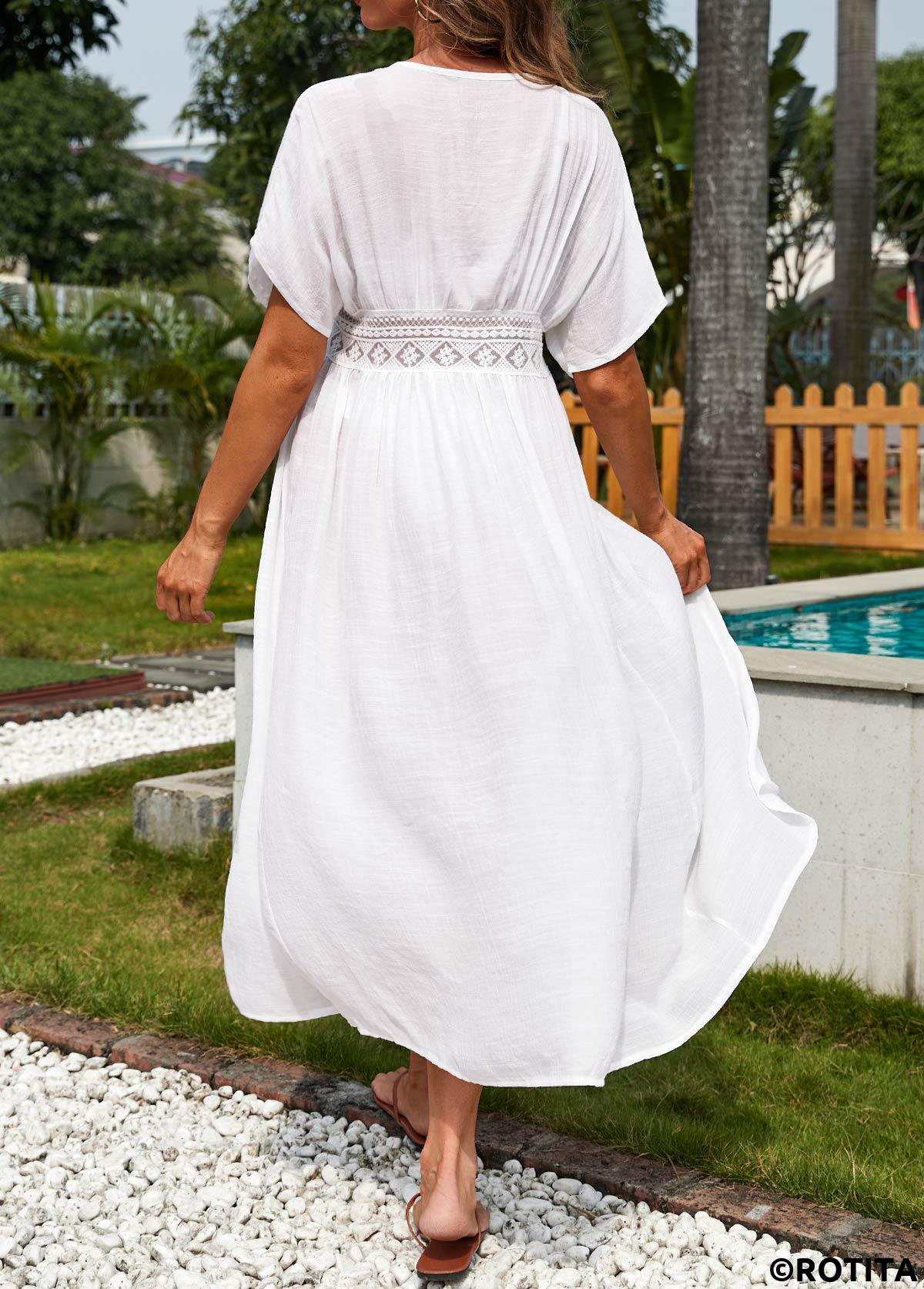 White swimwear,Plain Color swimwear,Short Sleeve Tie Front White Cover Up