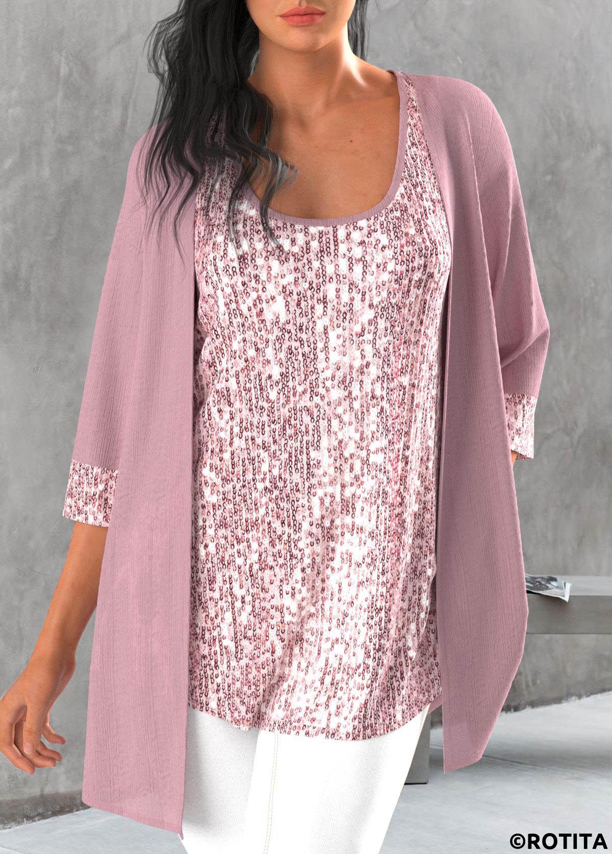 Light Pink tops,Plain Color tops,ROTITA Sequin Light Pink Scoop Neck Cardigan and Tank Top
