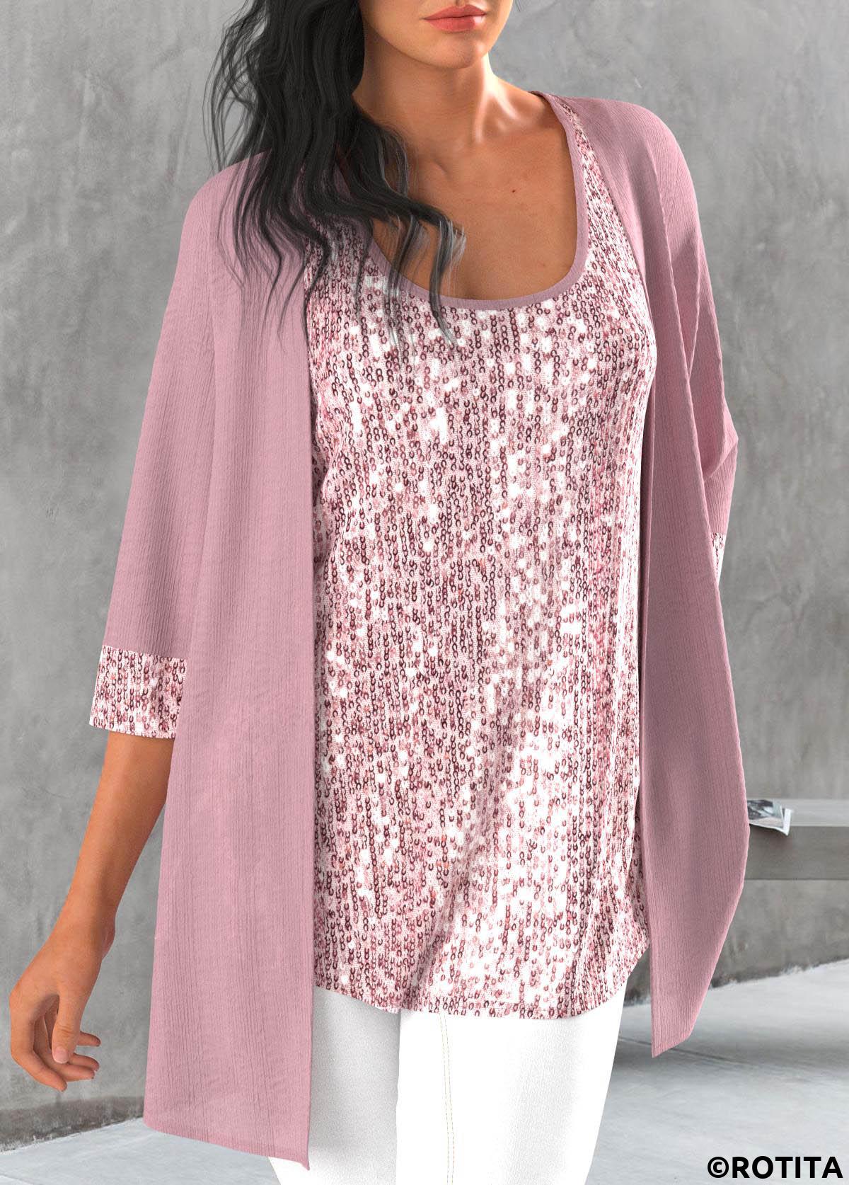 Light Pink tops,Plain Color tops,ROTITA Sequin Light Pink Scoop Neck Cardigan and Tank Top
