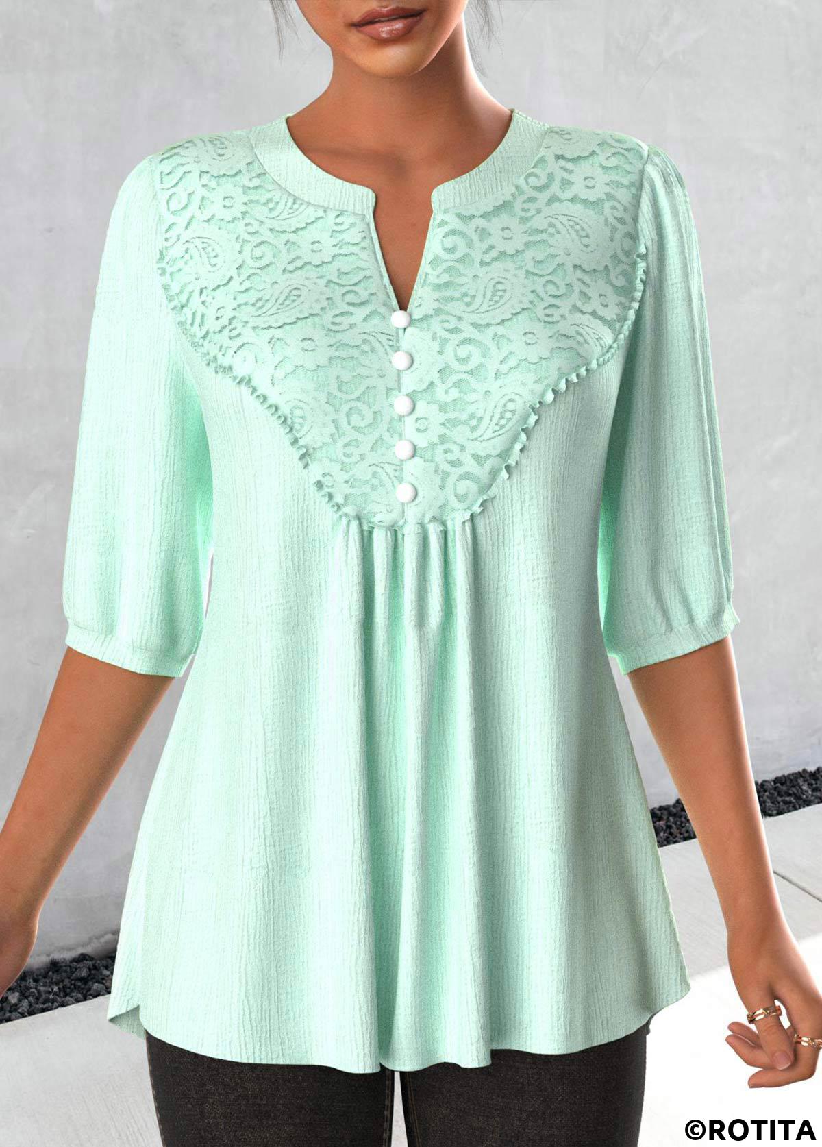 Light Green tops,Plain Color tops,ROTITA Lace Light Green Split Neck 3/4 Sleeve Blouse