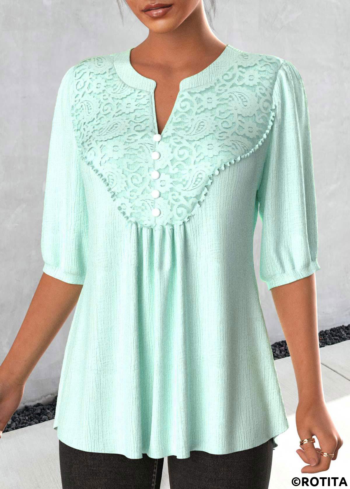 Light Green tops,Plain Color tops,ROTITA Lace Light Green Split Neck 3/4 Sleeve Blouse