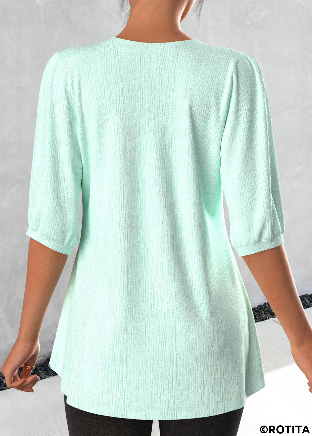 Light Green tops,Plain Color tops,ROTITA Lace Light Green Split Neck 3/4 Sleeve Blouse