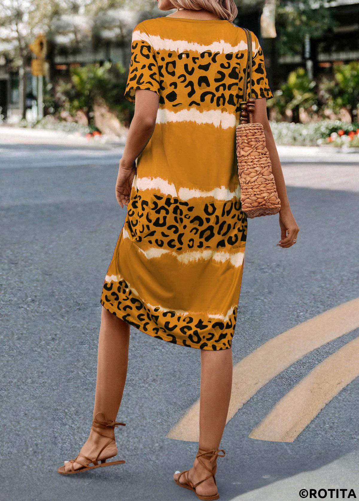 Yellow dresses,Leopard dresses,Striped dresses,Everyday dresses,Casual dresses,Leopard Yellow H Shape V Neck Dress