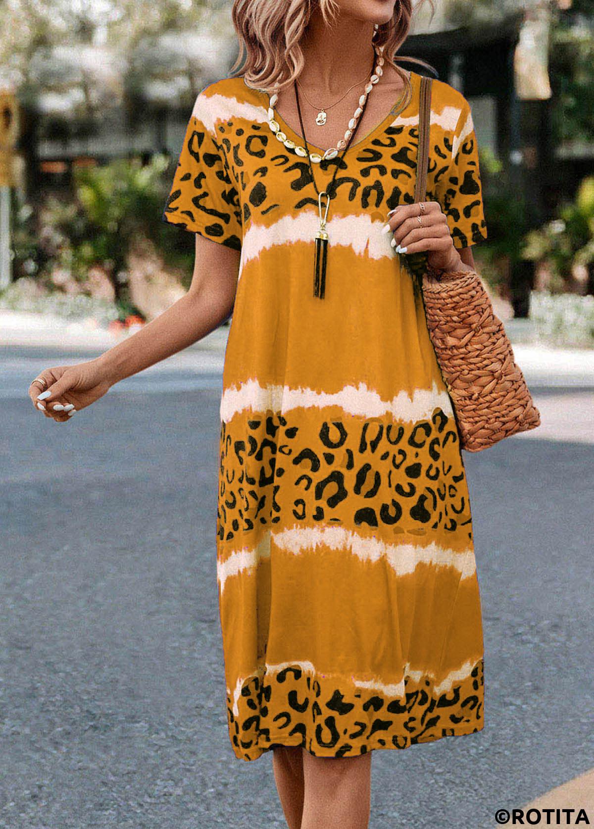Yellow dresses,Leopard dresses,Striped dresses,Everyday dresses,Casual dresses,Leopard Yellow H Shape V Neck Dress