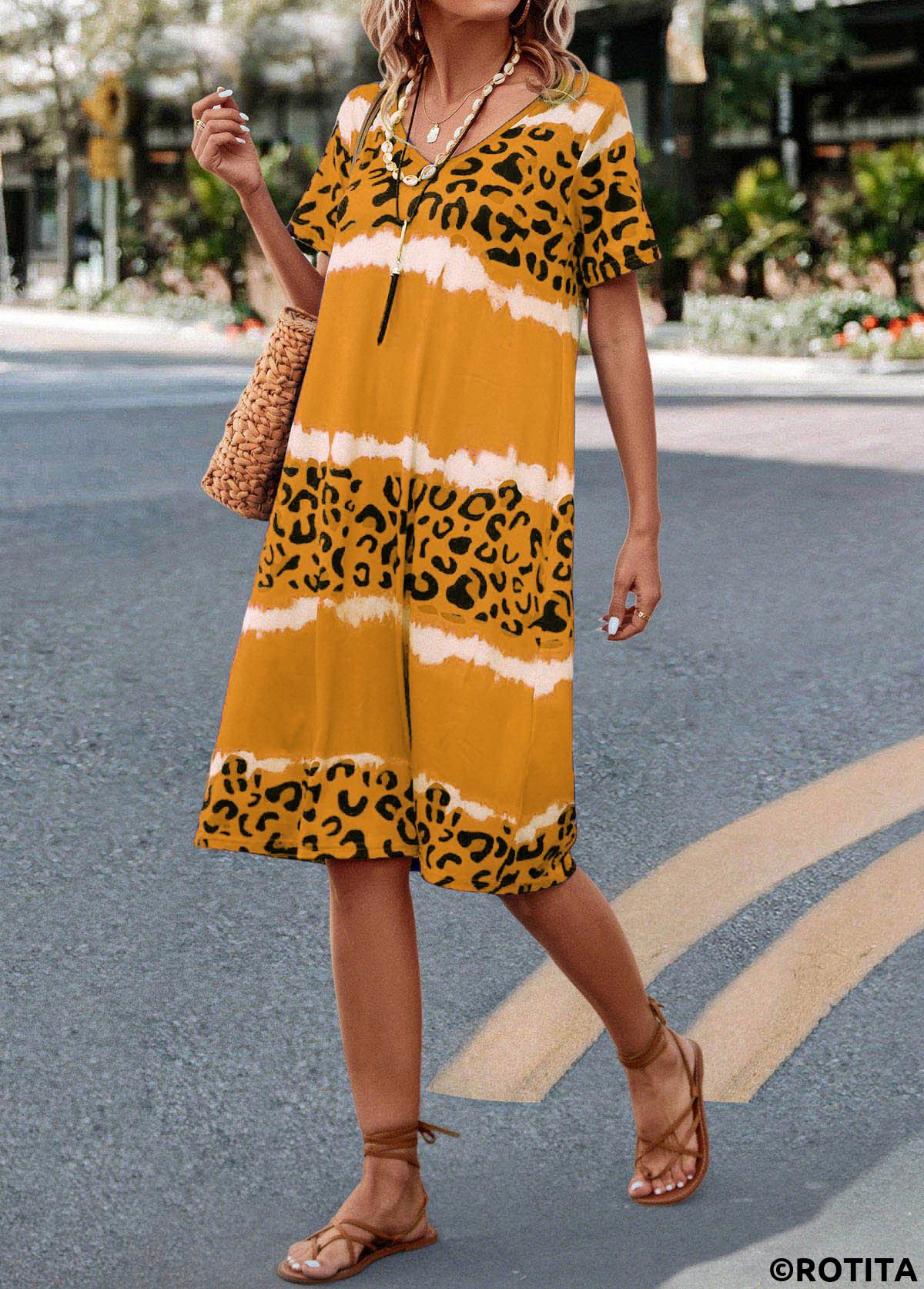 Yellow dresses,Leopard dresses,Striped dresses,Everyday dresses,Casual dresses,Leopard Yellow H Shape V Neck Dress