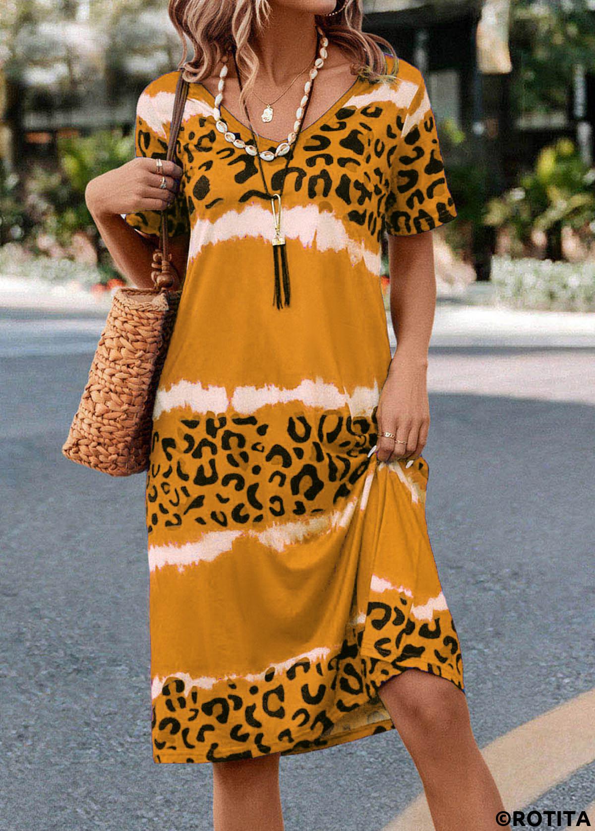 Yellow dresses,Leopard dresses,Striped dresses,Everyday dresses,Casual dresses,Leopard Yellow H Shape V Neck Dress