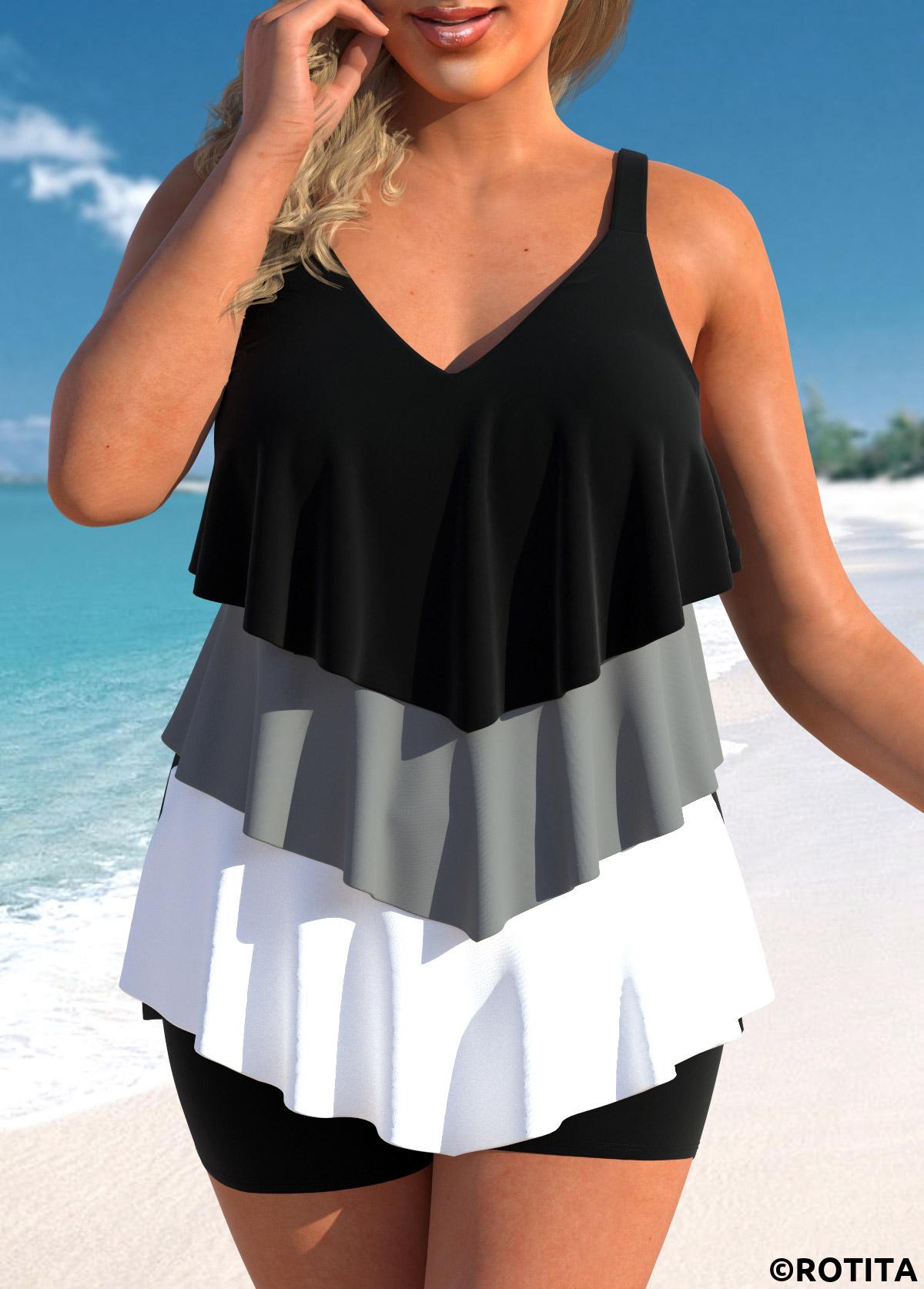 Black plus size,Contrast Color plus size,ROTITA Handkerchief Hem Plus Size Black Tankini Top