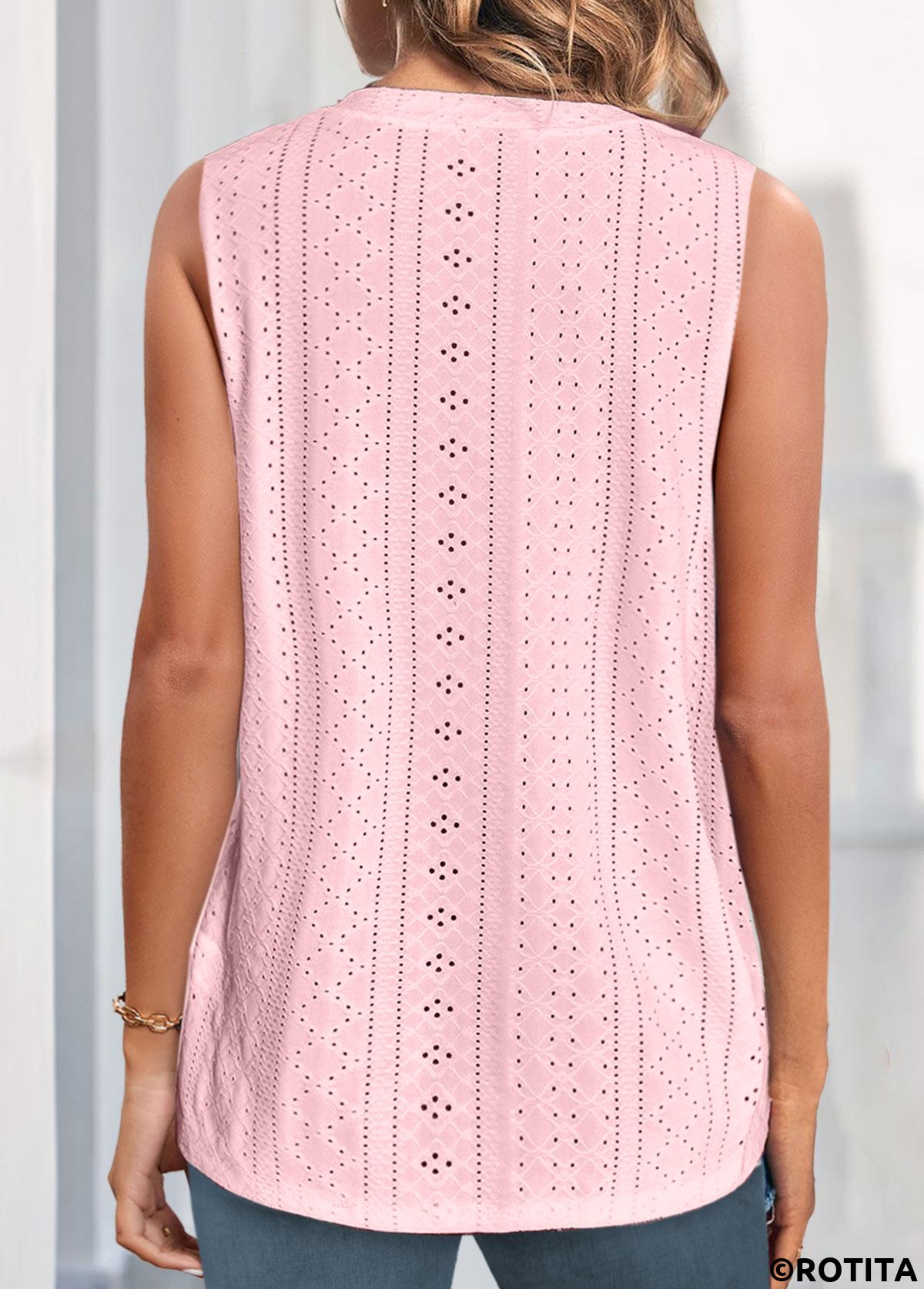 Pink tops,Plain Color tops,ROTITA Button Pink V Neck Tank Top
