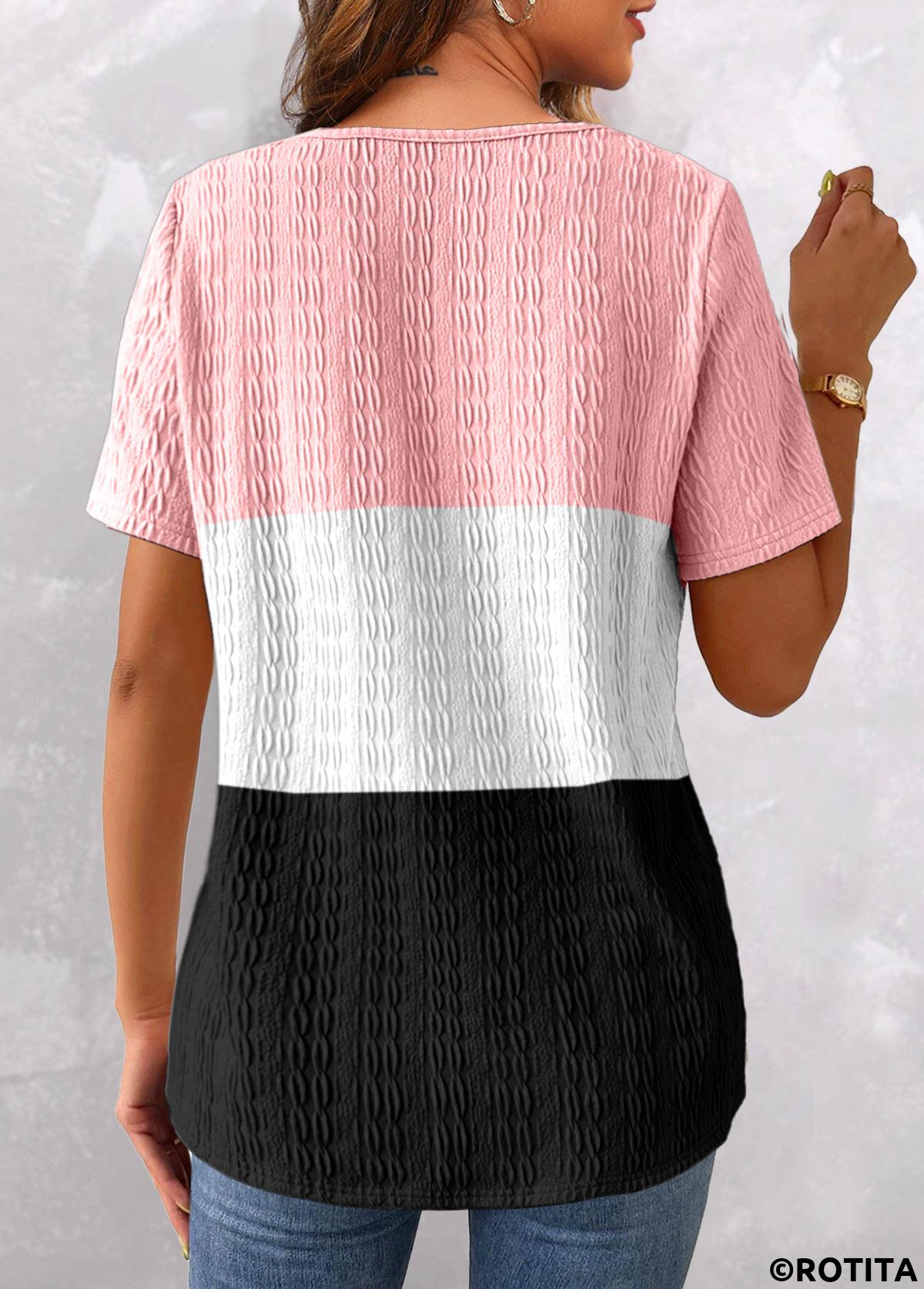 Pink tops,White tops,Contrast Color tops,ROTITA Lace Pink V Neck Short Sleeve T Shirt