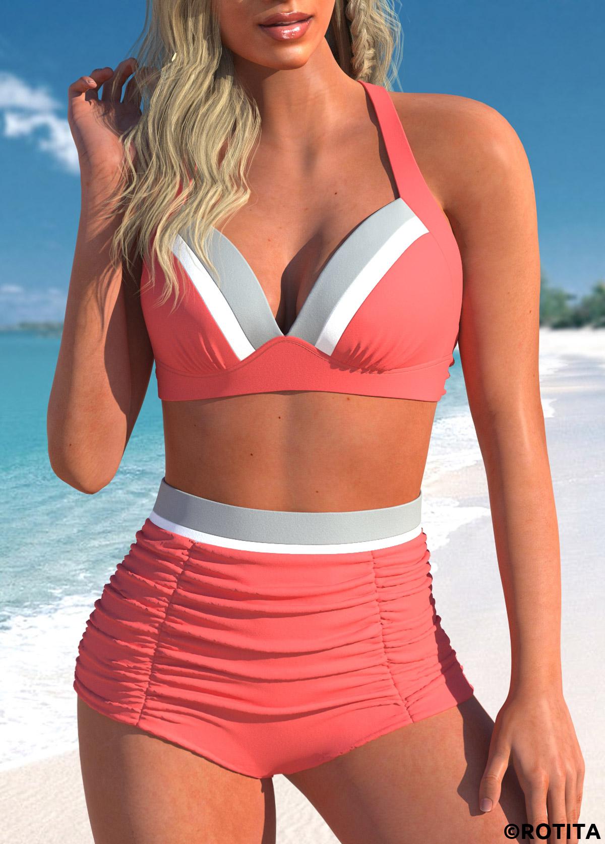 Coral swimwear,Contrast Color swimwear,ROTITA Criss Cross Tie Back Coral Bikini Top