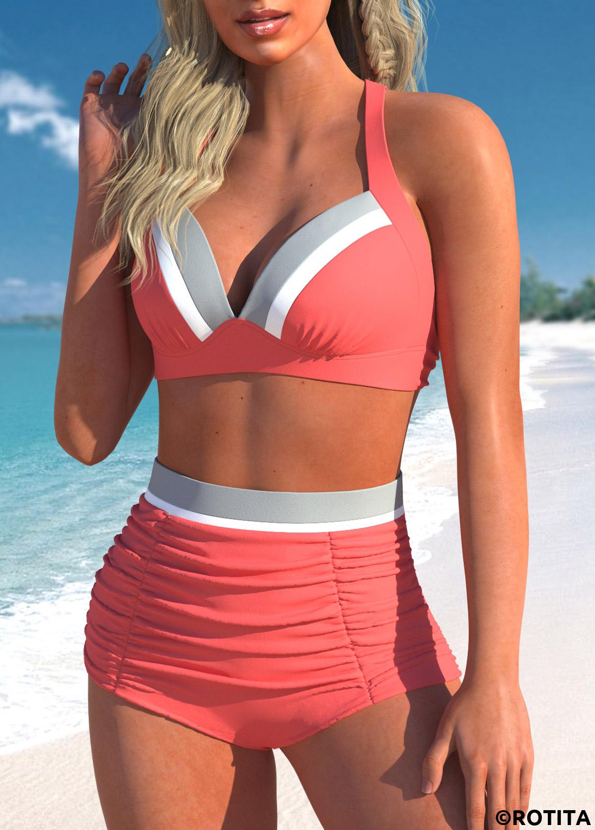 Coral swimwear,Contrast Color swimwear,ROTITA Criss Cross Tie Back Coral Bikini Top